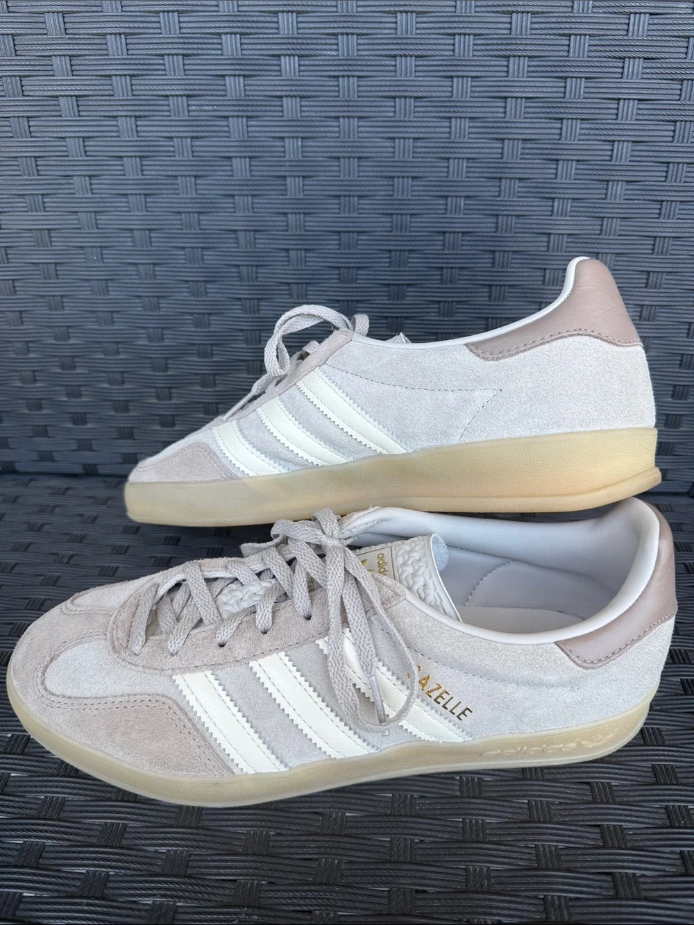 Adidas Gazelle Suede Sneakers in Taupe/Brown, Cream, and Gold